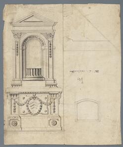 Tekening: Monument met Fronton en stadswapen, waarschijnlijk voor in de hoek van het Belfort en stadhuis