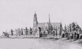 Tekening: Gezicht op de St.-Gummaruskerk en omgeving gezien vanaf de "Mol" en interieur van een woning (Hof van Geertruien?)