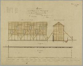 Cox, tekening: Een hangar voor de wagens van de ommegang van 1890 in de Begijnhofstraat te Lier (1/100)