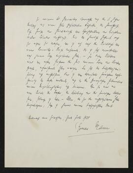 Brief van Thomas Mann, gericht aan Felix Timmermans, als bedanking voor zijn bijdrage aan de hulde-cassette met gelukwensen naar aanleiding van de 60ste verjaardag van Thomas Mann.